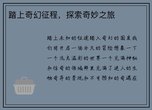 踏上奇幻征程，探索奇妙之旅